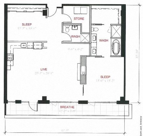 Floor plan for 2 beds, 2 baths, 1321 sqft